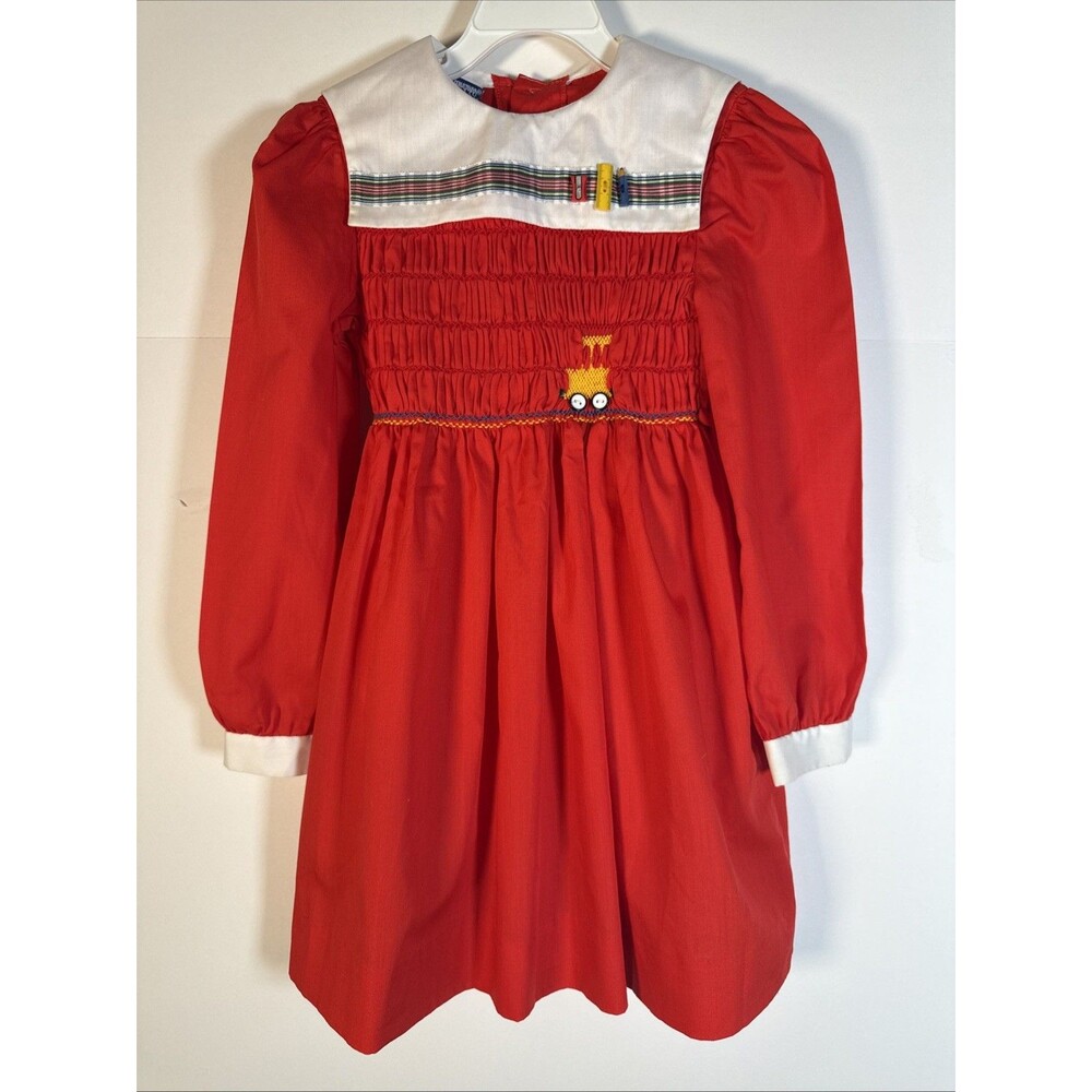 VTG Polly Flinders Embroidered Smocked Dress Red White School Bus Size 6x